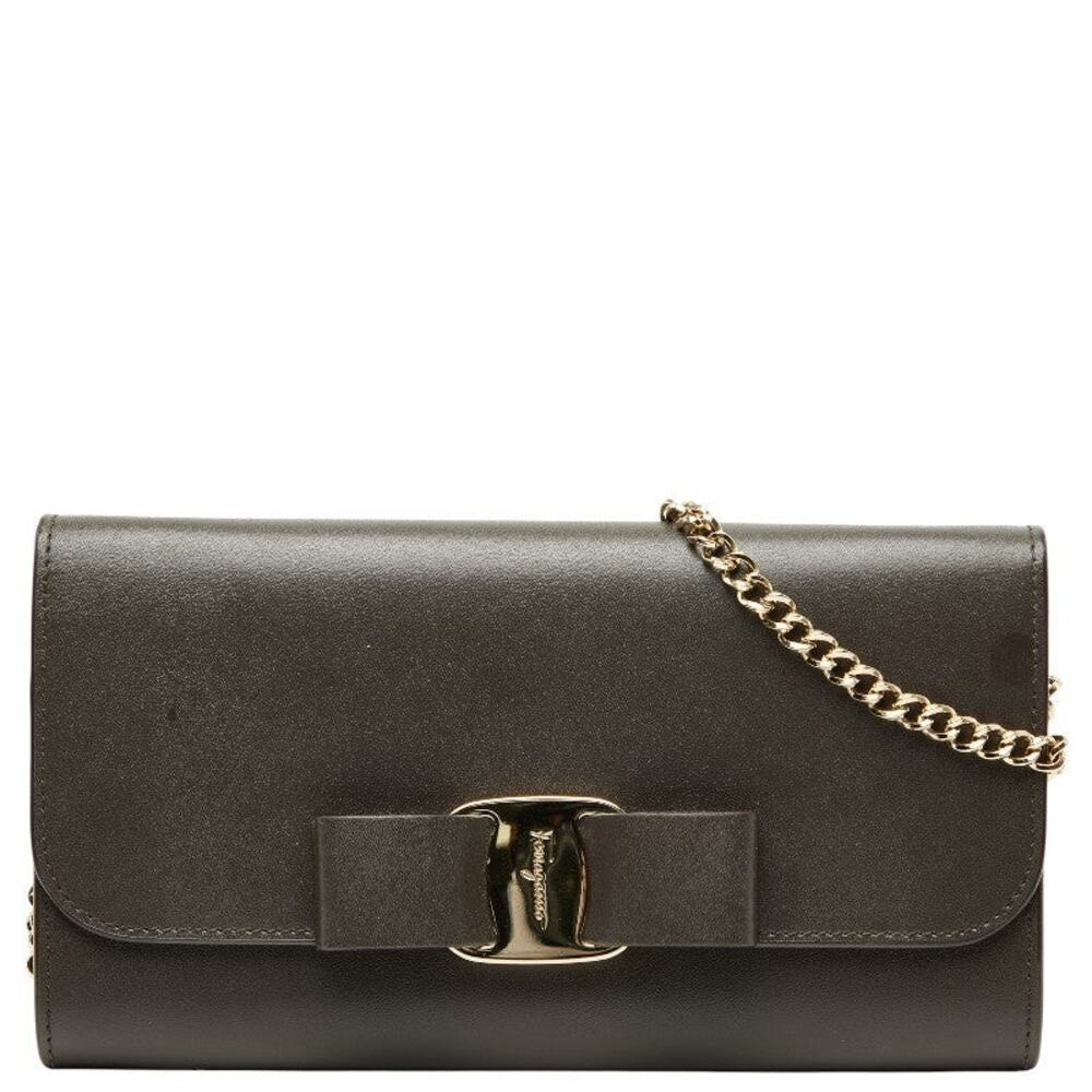 Salvatore Ferragamo Leather Vara Ribbon Chain Shoulder Wallet Brown